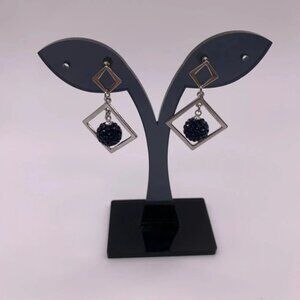 Silver  Tone Blue Crystal Balls Earrings